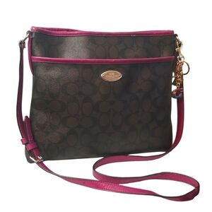 Coach Signature File Bag Crossbody Brown Canvas Pink Trim F34938